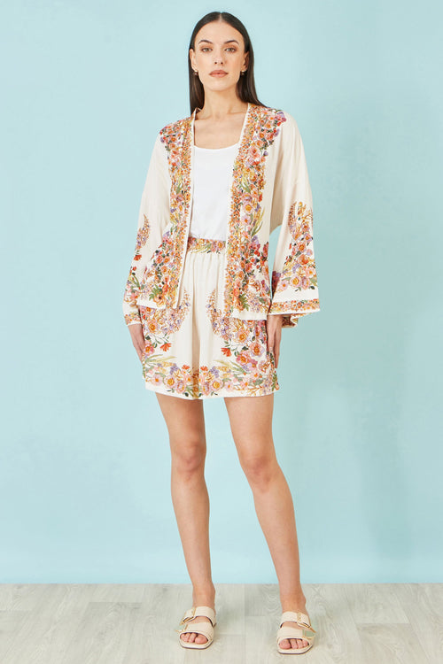 Yumi Ivory Viscose Floral Border Kimono With Tie Belt