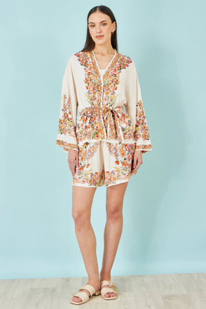 Yumi Ivory Viscose Floral Border Kimono With Tie Belt