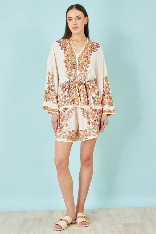 Yumi Ivory Viscose Floral Border Kimono With Tie Belt