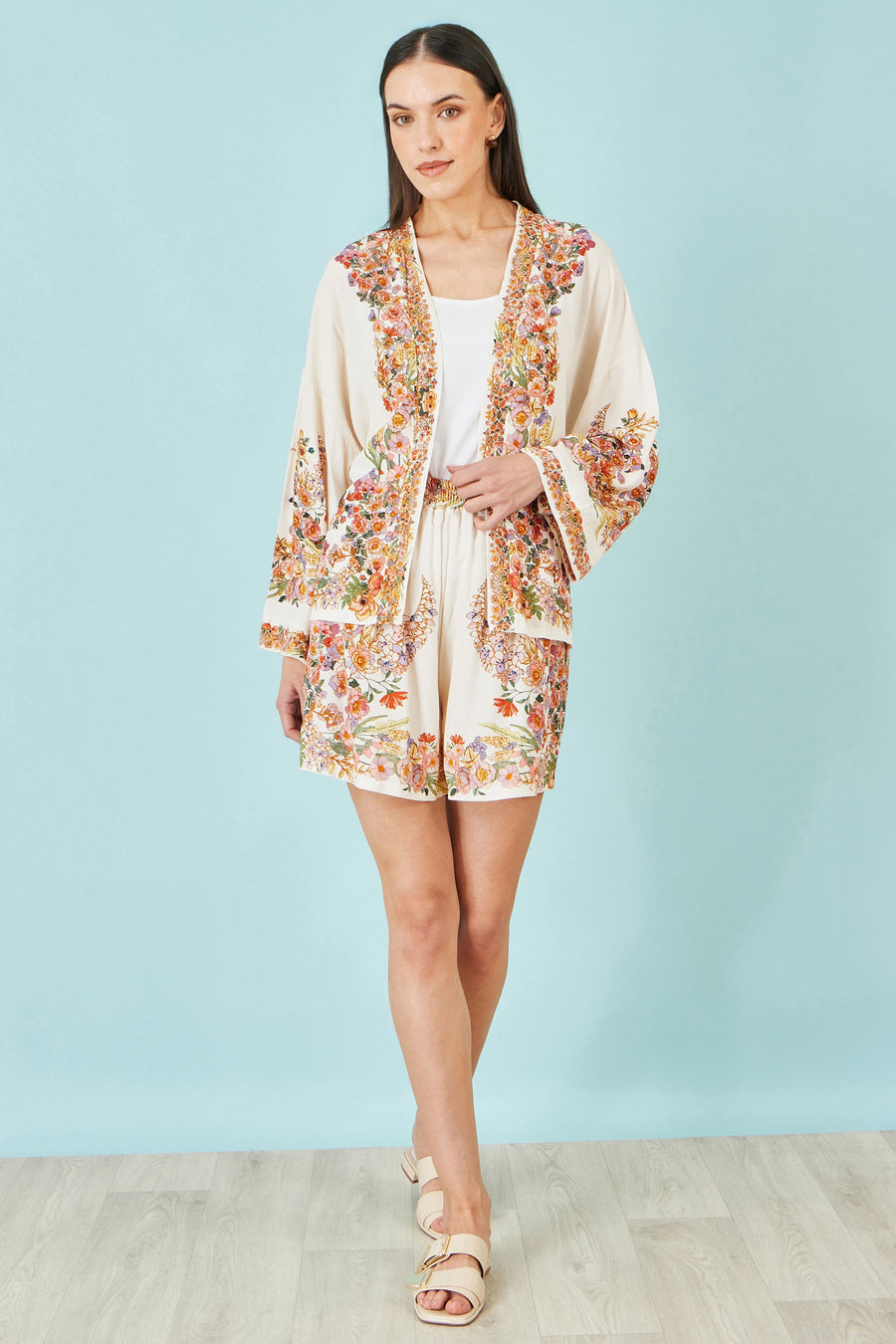 Yumi Ivory Viscose Floral Border Kimono With Tie Belt