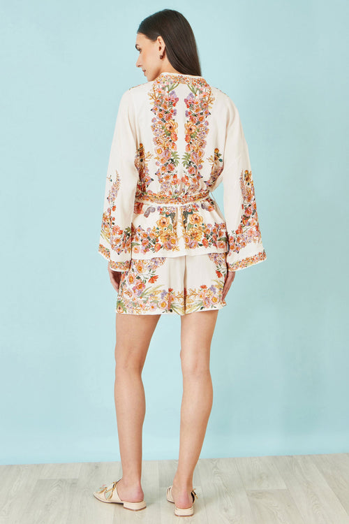 Yumi Ivory Viscose Floral Border Kimono With Tie Belt