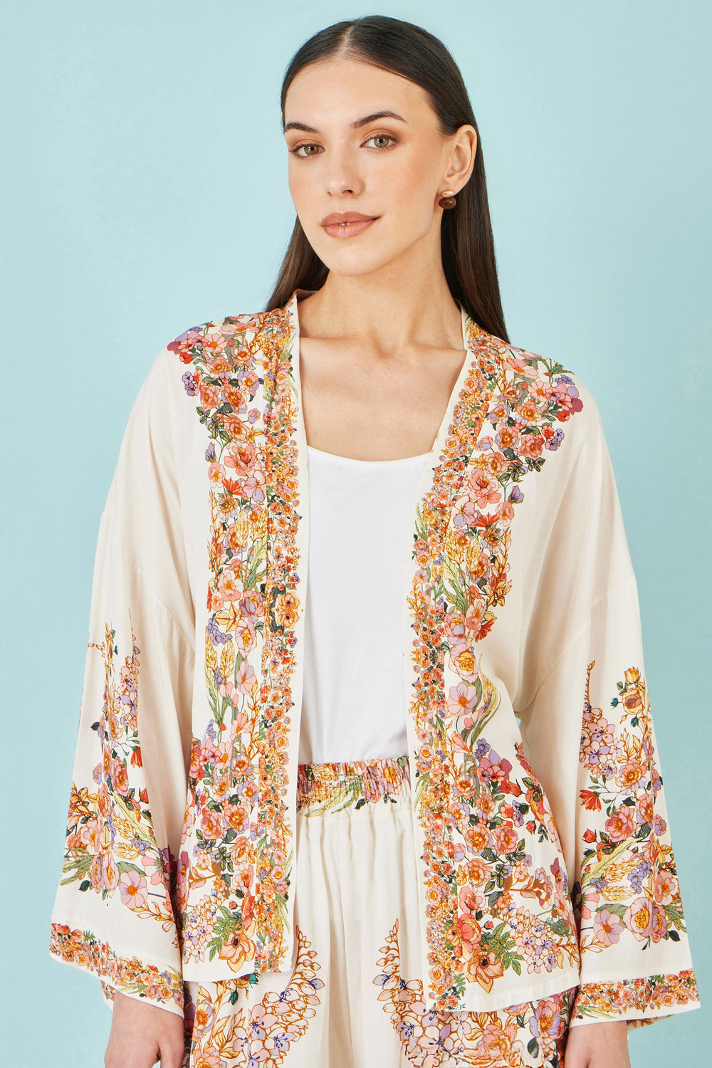 Yumi Ivory Viscose Floral Border Kimono With Tie Belt