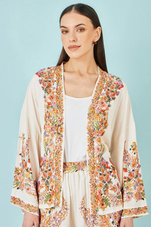 Yumi Ivory Viscose Floral Border Kimono With Tie Belt