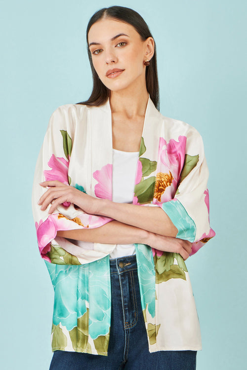 Yumi Ivory Floral Print Relaxed Kimono