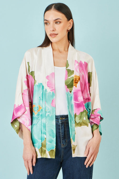 Yumi Ivory Floral Print Relaxed Kimono