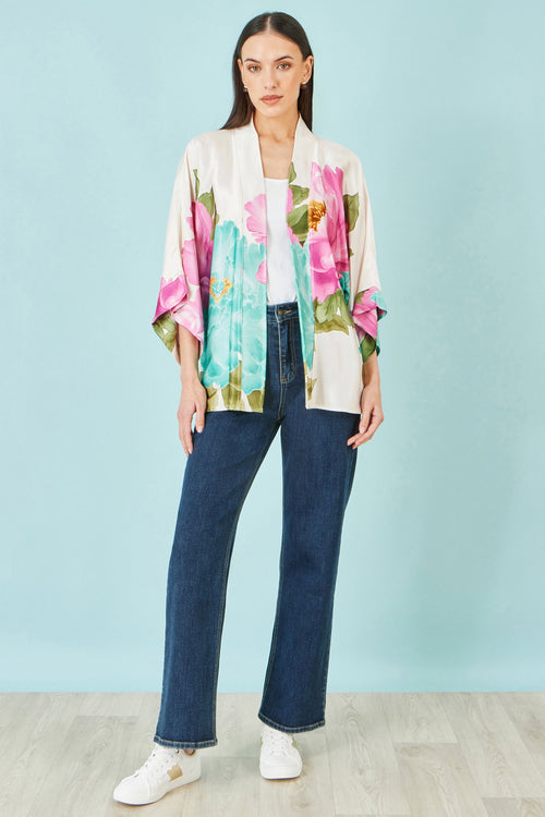 Yumi Ivory Floral Print Relaxed Kimono