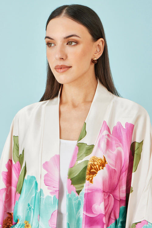 Yumi Ivory Floral Print Relaxed Kimono