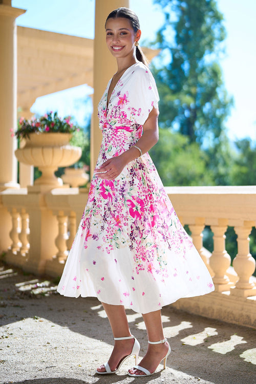 Yumi Pink Mirror Floral Print Ruched Waist Kimono Midi Dress