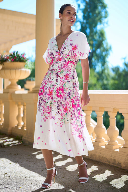 Yumi Pink Mirror Floral Print Ruched Waist Kimono Midi Dress