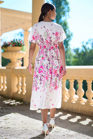 Yumi Pink Mirror Floral Print Ruched Waist Kimono Midi Dress