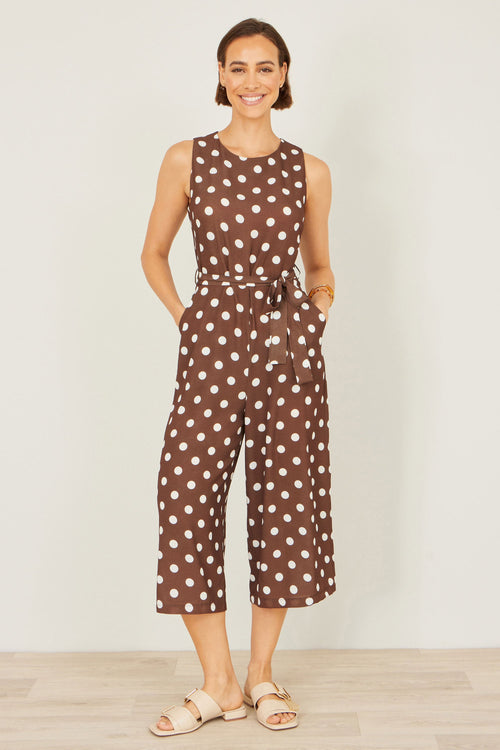 Yumi Brown Polka Dot Culotte Jumpsuit