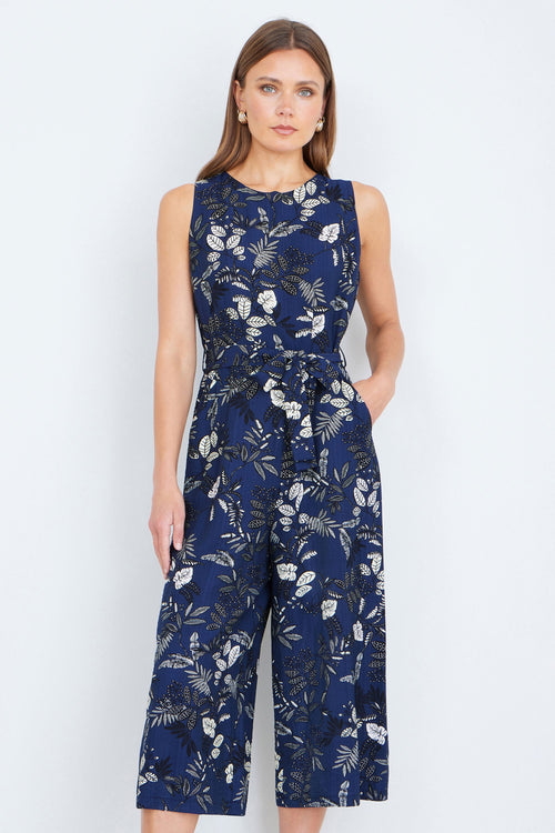 Yumi Navy Leaf Culotte Jumpsuit