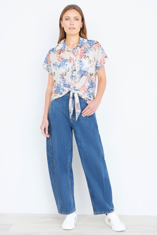 Yumi White Cotton Paisley Print Tie Knot Shirt