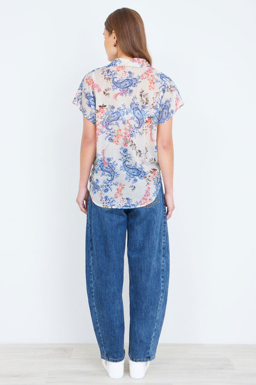 Yumi White Cotton Paisley Print Tie Knot Shirt