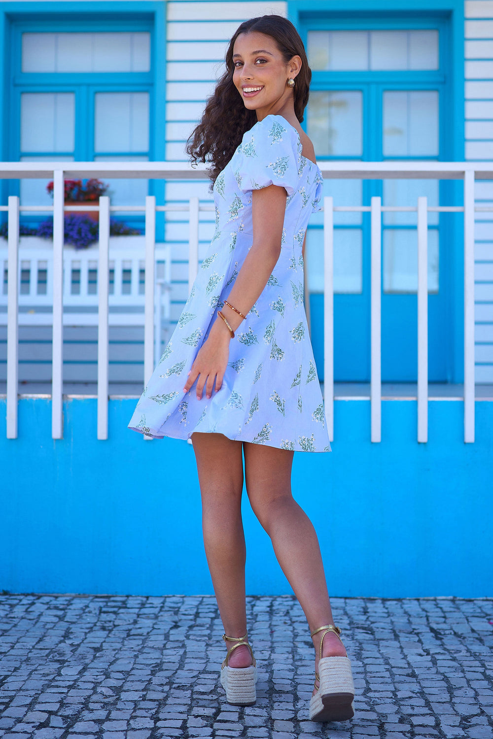 Yumi Blue Cotton Floral Puff Sleeve Skater Dress