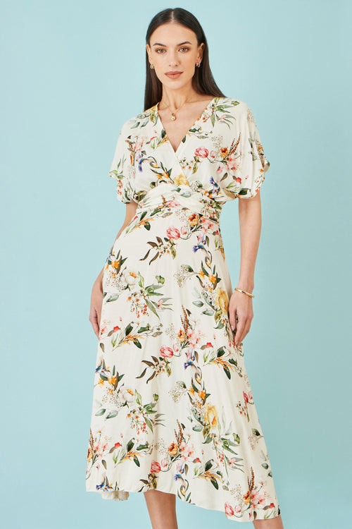 Yumi Ivory Viscose Floral Print Midi Dress With Ruched Waist