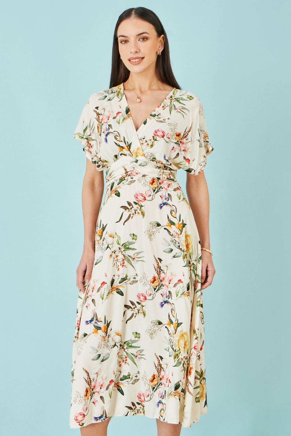 Yumi Ivory Viscose Floral Print Midi Dress With Ruched Waist