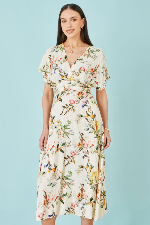 Yumi Ivory Viscose Floral Print Midi Dress With Ruched Waist