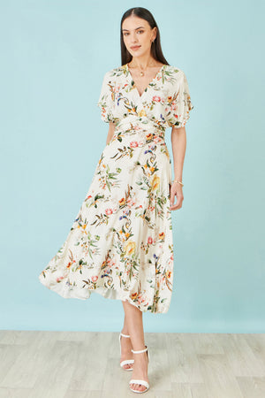 Yumi Ivory Viscose Floral Print Midi Dress With Ruched Waist