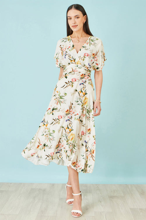 Yumi Ivory Viscose Floral Print Midi Dress With Ruched Waist