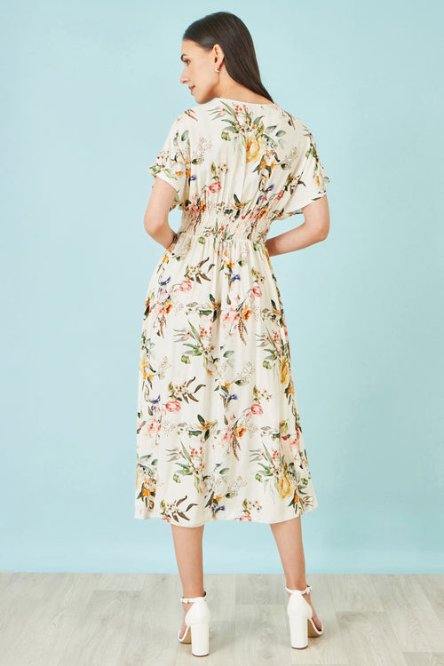 Yumi Ivory Viscose Floral Print Midi Dress With Ruched Waist