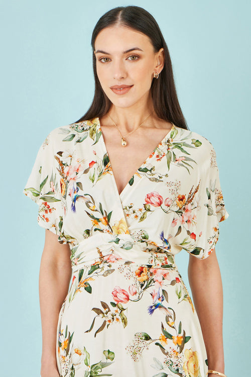 Yumi Ivory Viscose Floral Print Midi Dress With Ruched Waist