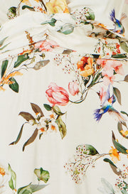 Yumi Ivory Viscose Floral Print Midi Dress With Ruched Waist