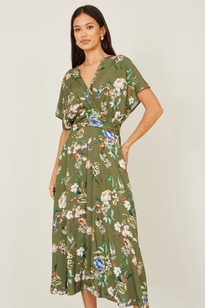 Yumi Sage Green Viscose Floral Print Midi Dress With Ruched Waist