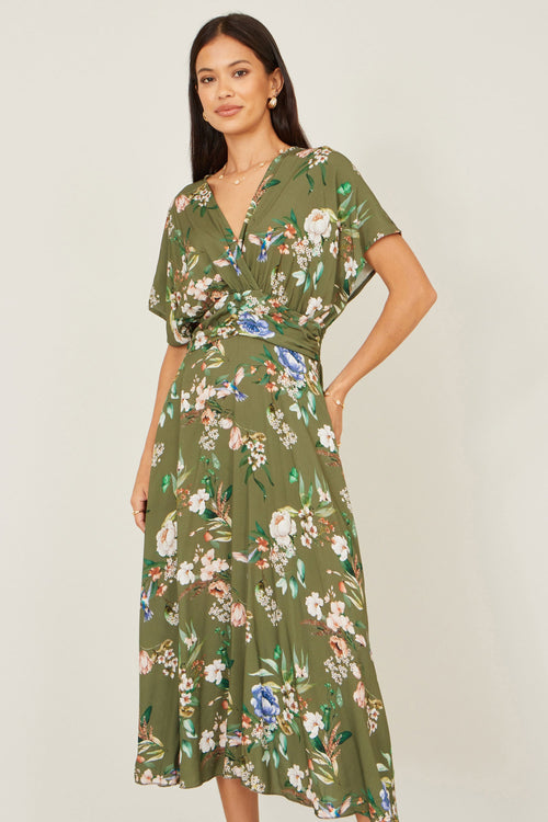Yumi Sage Green Viscose Floral Print Midi Dress With Ruched Waist
