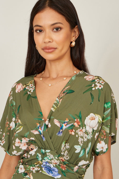 Yumi Sage Green Viscose Floral Print Midi Dress With Ruched Waist