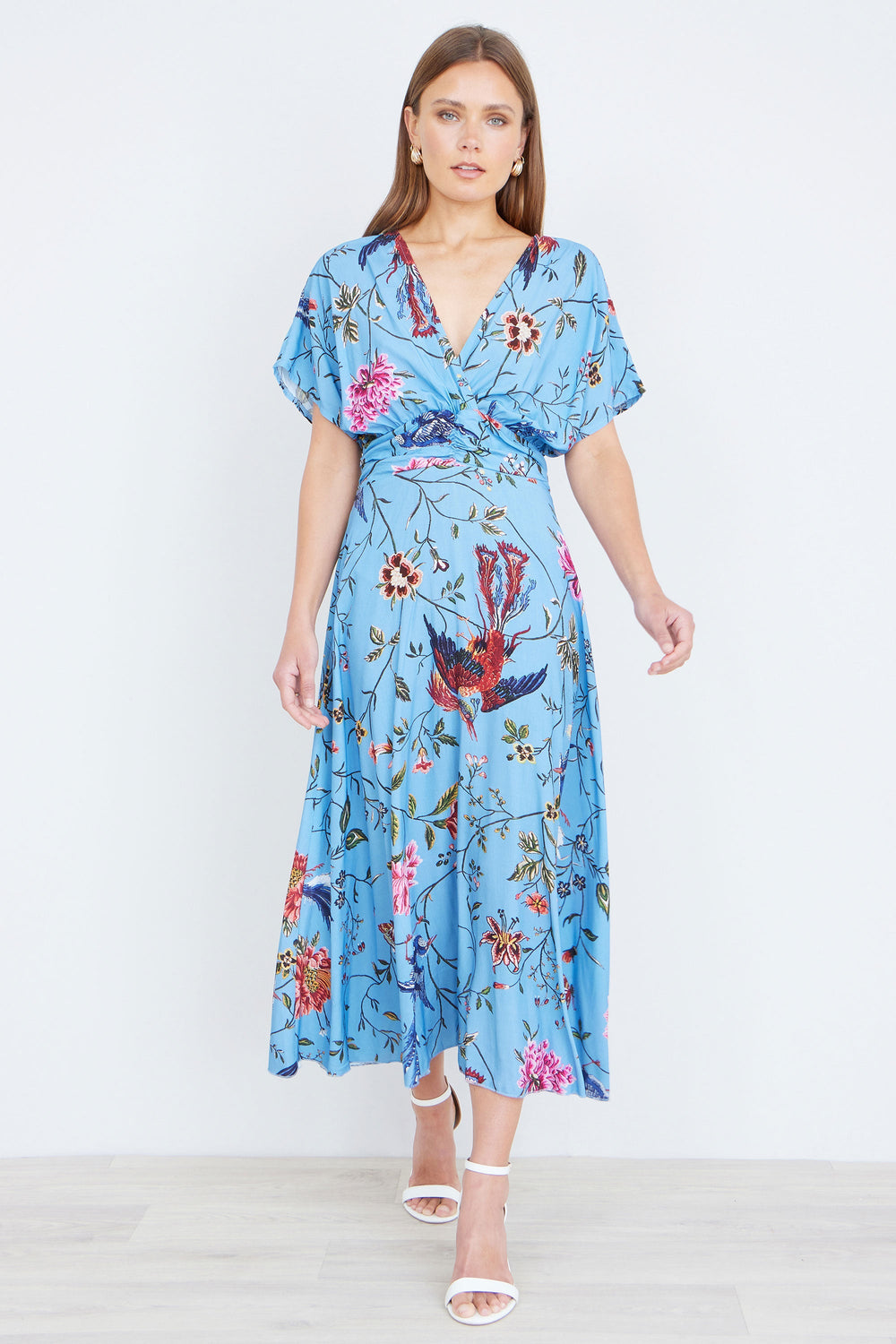 Yumi Blue Viscose Bird And Floral Print Midi Dress With Ruched Waist