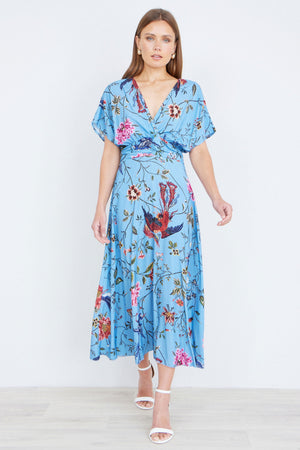 Yumi Blue Viscose Bird And Floral Print Midi Dress With Ruched Waist