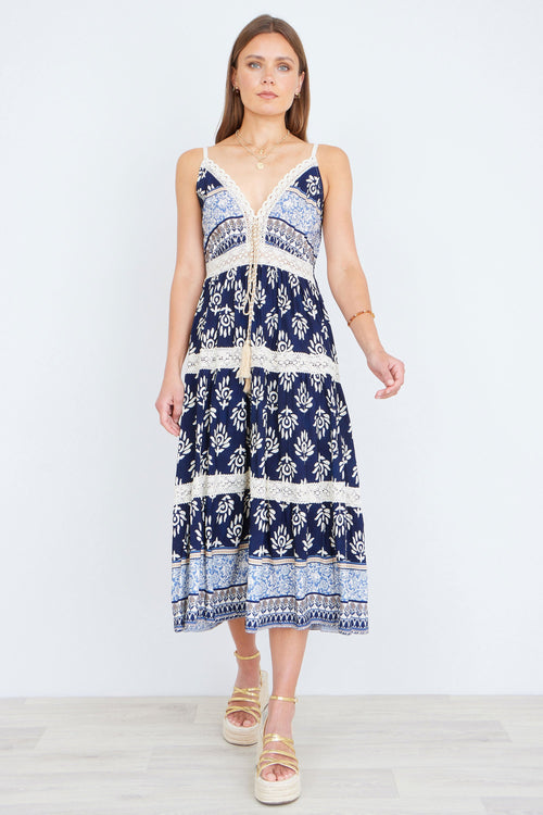Yumi Navy Viscose Paisley Print Midi Sun Dress