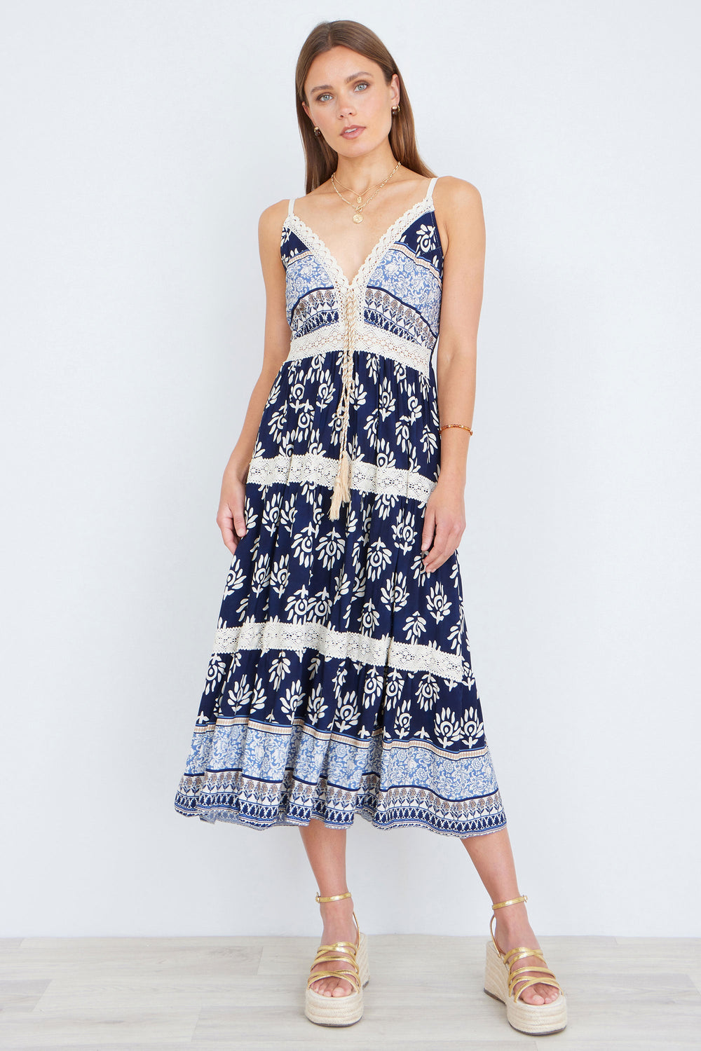 Yumi Navy Viscose Paisley Print Midi Sun Dress
