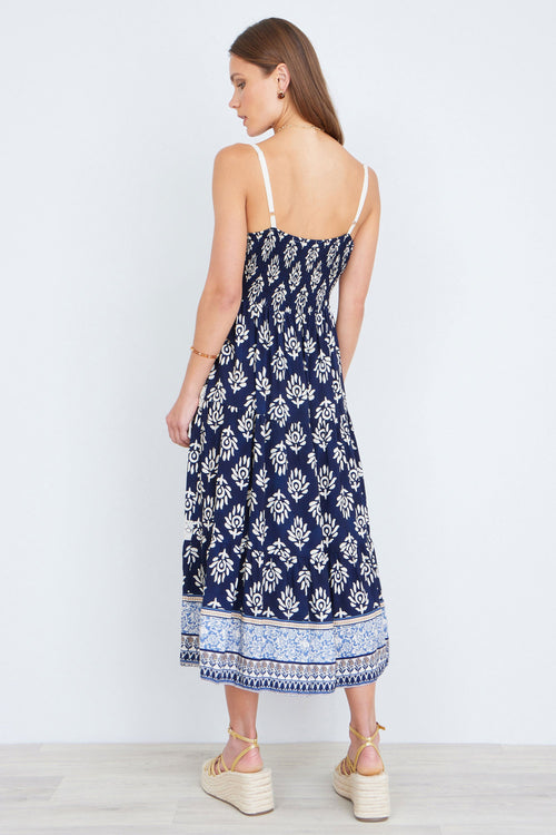 Yumi Navy Viscose Paisley Print Midi Sun Dress