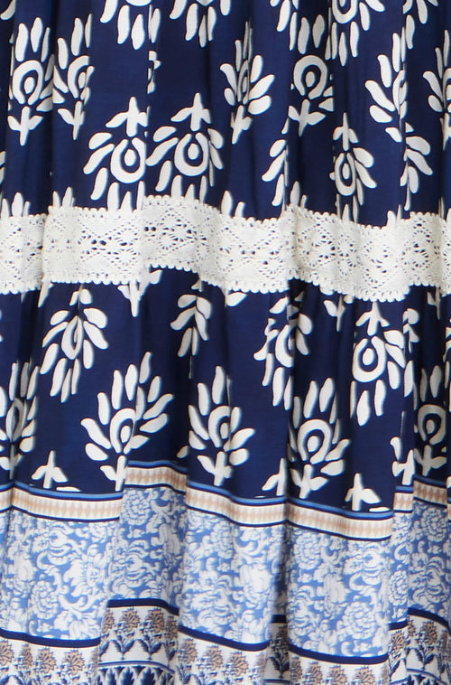 Yumi Navy Viscose Paisley Print Midi Sun Dress
