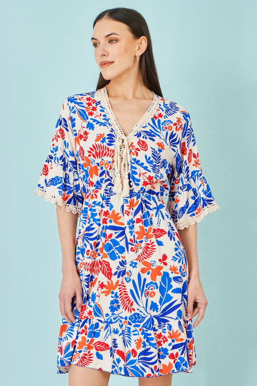 Yumi Multicolour Leaf Print Viscose Kimono Sleeve Tunic