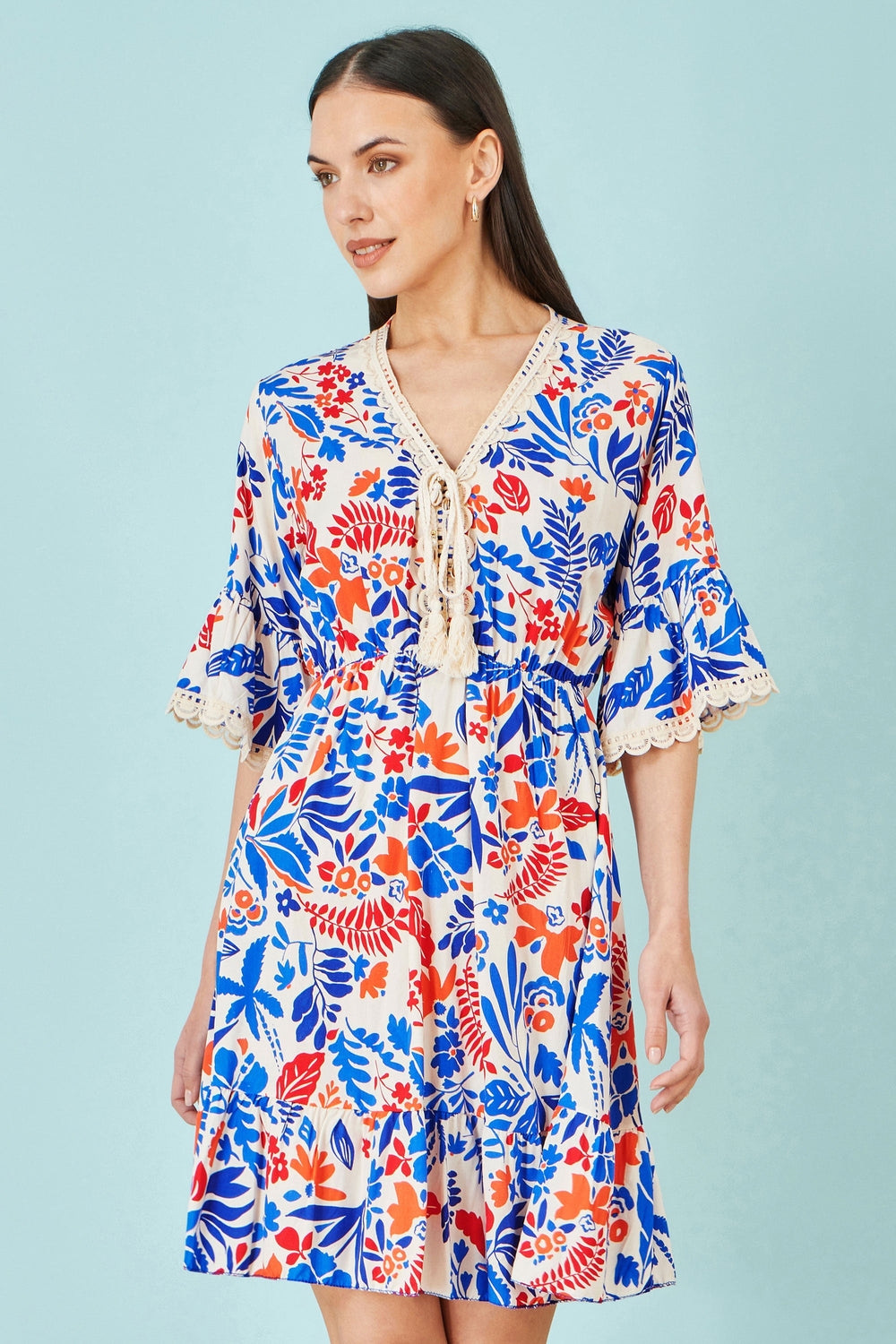 Yumi Multicolour Leaf Print Viscose Kimono Sleeve Tunic