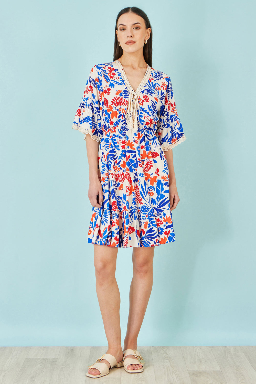 Yumi Multicolour Leaf Print Viscose Kimono Sleeve Tunic