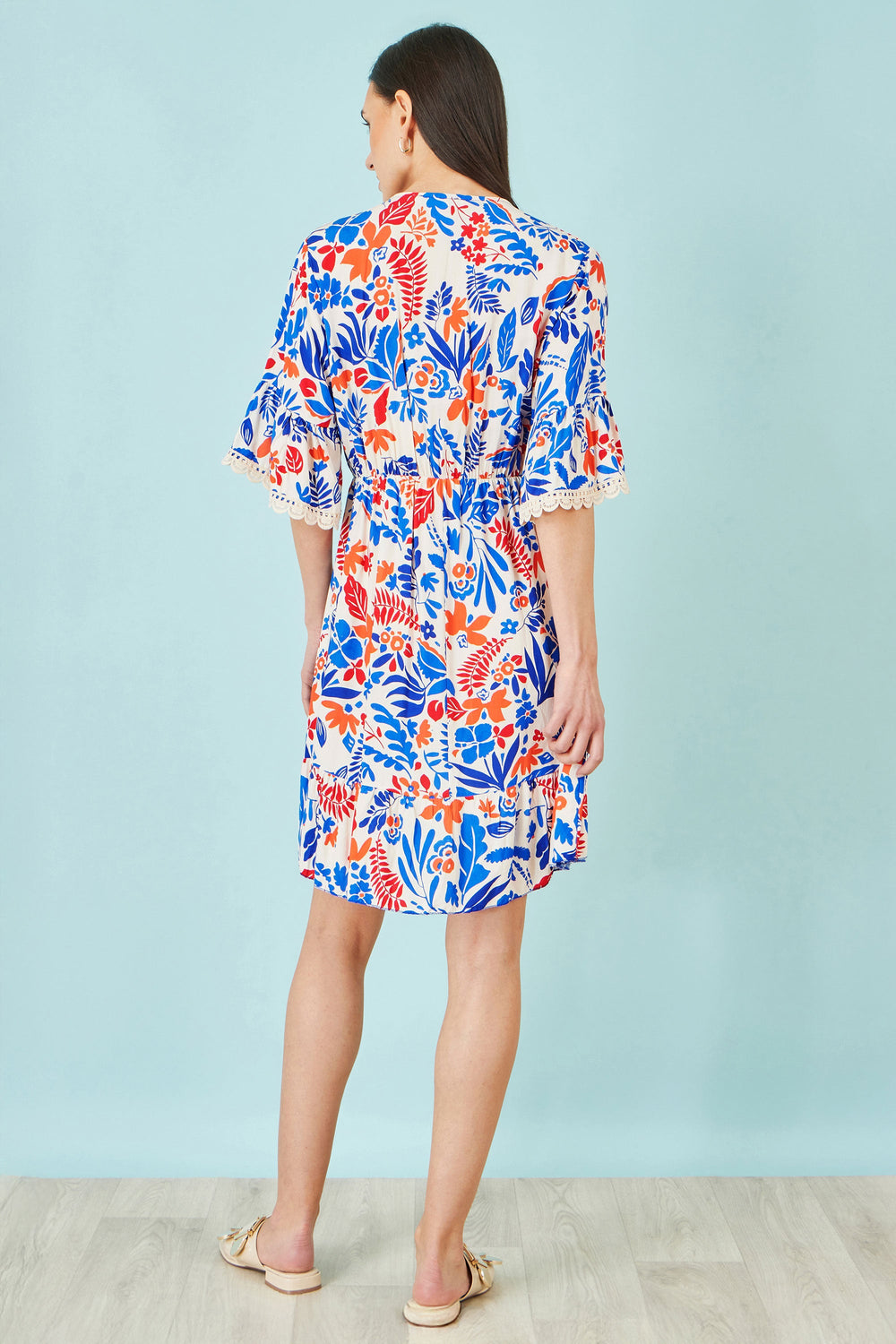 Yumi Multicolour Leaf Print Viscose Kimono Sleeve Tunic