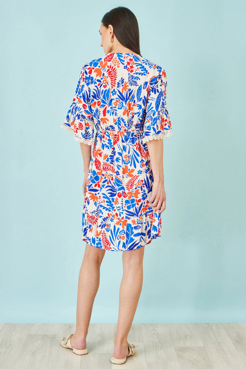 Yumi Multicolour Leaf Print Viscose Kimono Sleeve Tunic
