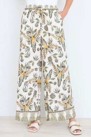 Yumi Green Bird Print Viscose Wide Leg Trousers