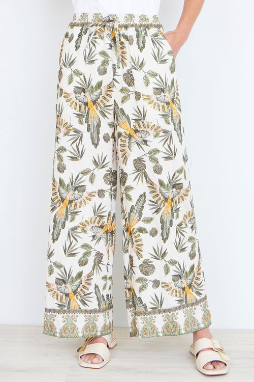 Yumi Green Bird Print Viscose Wide Leg Trousers