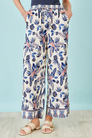 Yumi Blue Bird Print Viscose Wide Leg Trousers