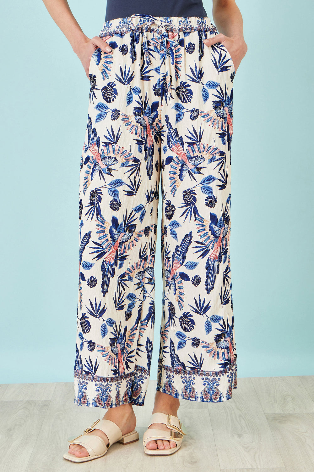 Yumi Blue Bird Print Viscose Wide Leg Trousers