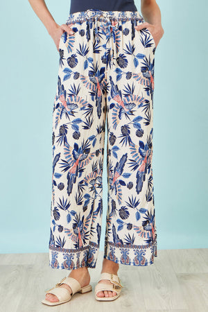 Yumi Blue Bird Print Viscose Wide Leg Trousers