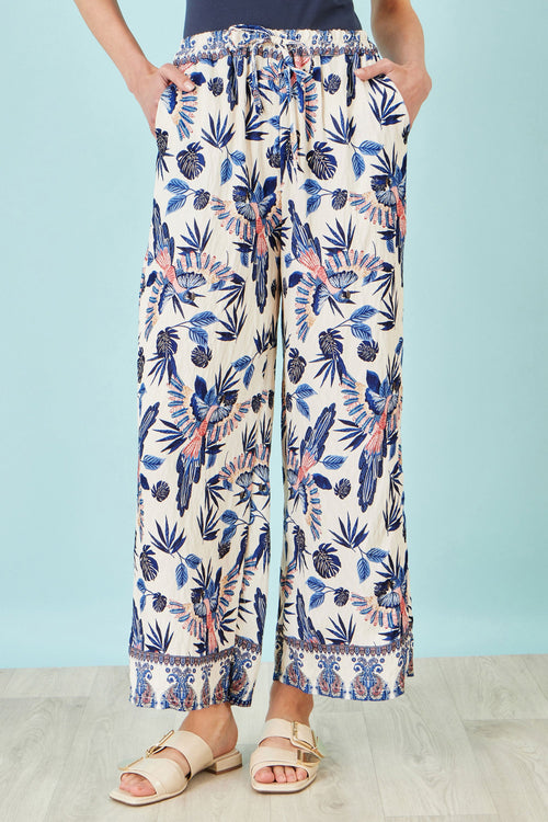 Yumi Blue Bird Print Viscose Wide Leg Trousers