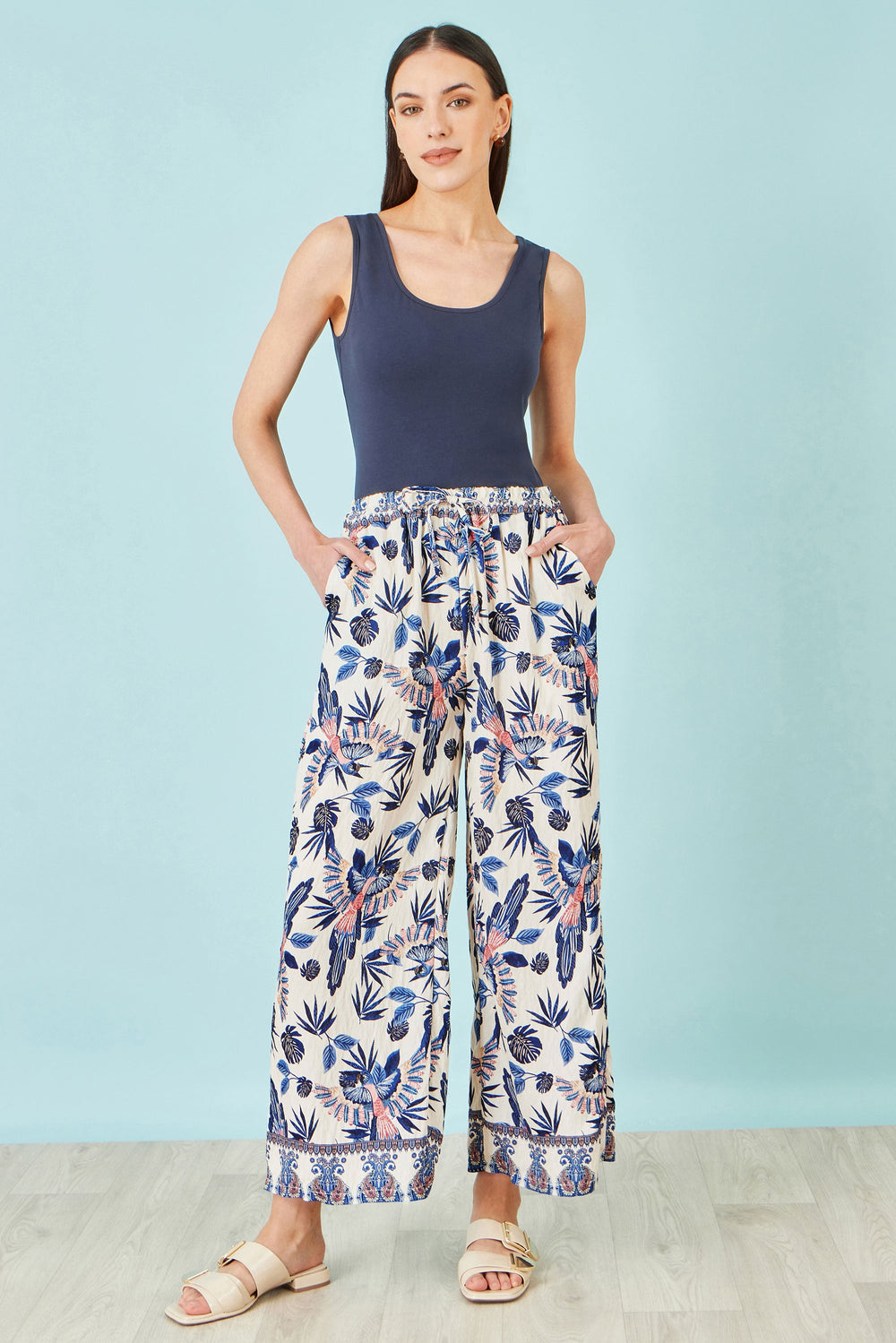 Yumi Blue Bird Print Viscose Wide Leg Trousers