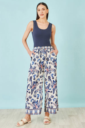 Yumi Blue Bird Print Viscose Wide Leg Trousers