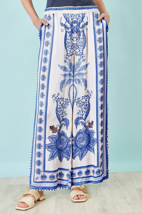 Yumi Blue Satin Print Placement Relaxed Trousers